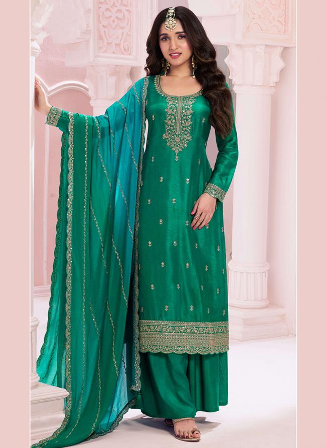 Vichitra Green Ceremonial Wear Embroidery Work Plazzo Suit